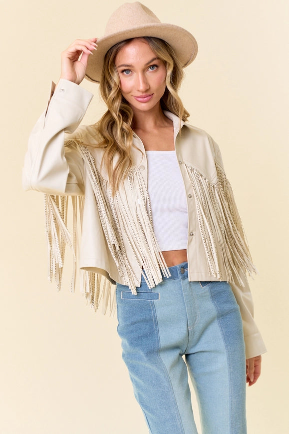 Cream Pu Silver Studded Fringe Button Down Jacket-Jacket-Saints & Hearts-Urbanheer