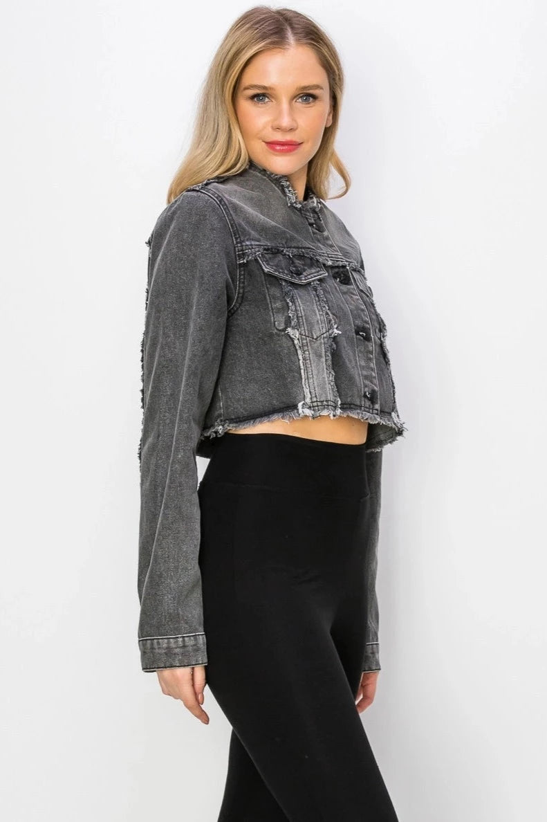 Distressed Frayed Cropped Denim Jacket - Black-Clothing Women Jackets-Vocal-Urbanheer