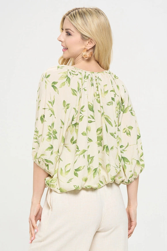 Floral Print V Neck 3/4 Sleeve with Tie-TOP-Renee C.-Urbanheer