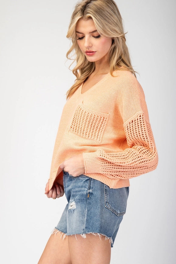 Open Knit Long Sleeve Sweater Top APRICOT