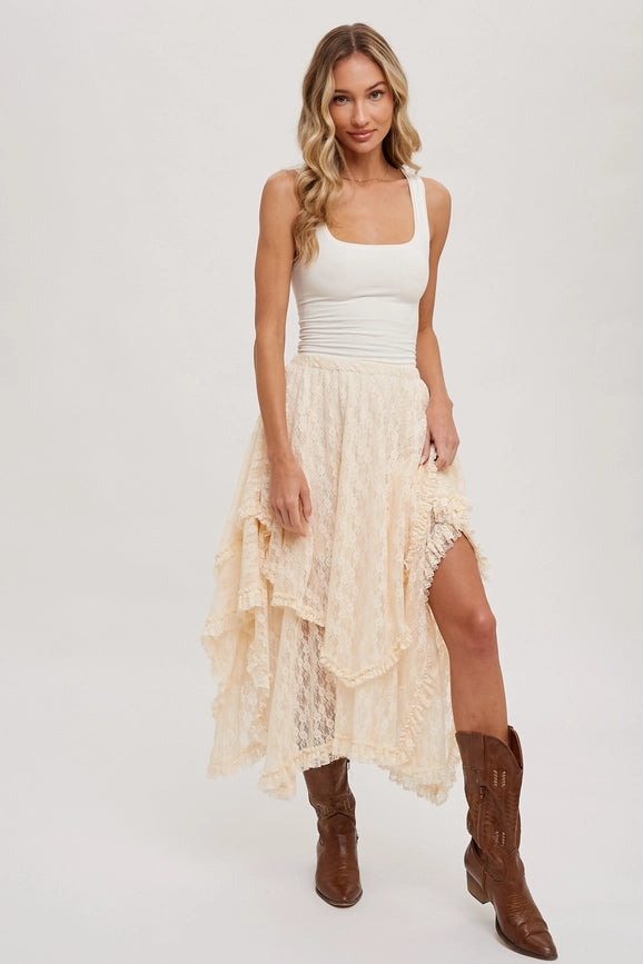 Lace Tier Midi Skirt ECRU