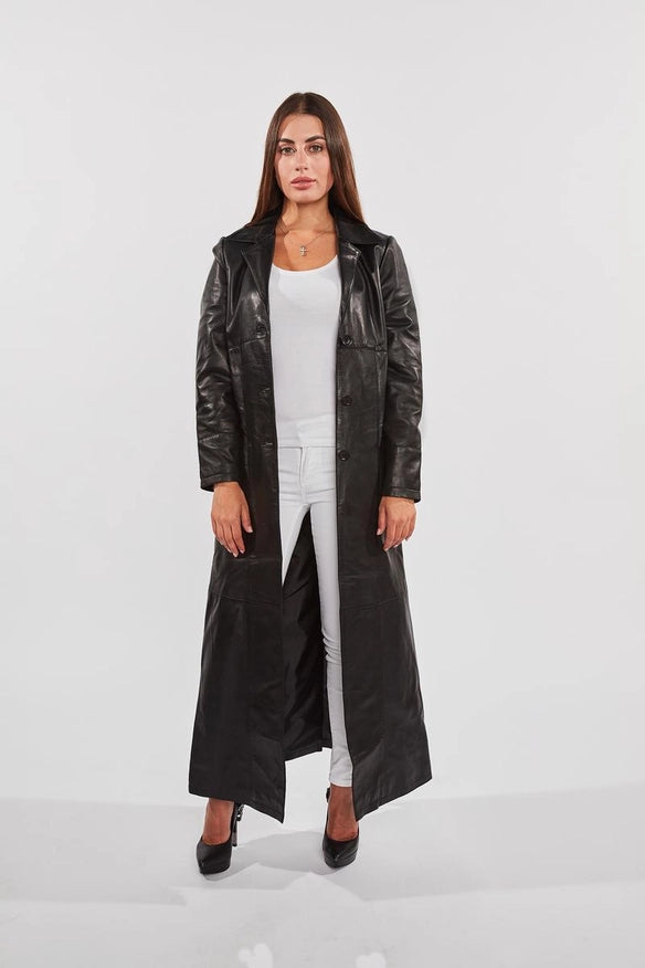 Ladies 3 Button Matrix Black Long Leather Coat-COAT-Fadcloset-Urbanheer