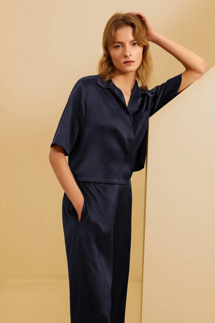 Short Sleeve Silk Pajamas Navy Blue-Pajamas-MommeSilk-Urbanheer