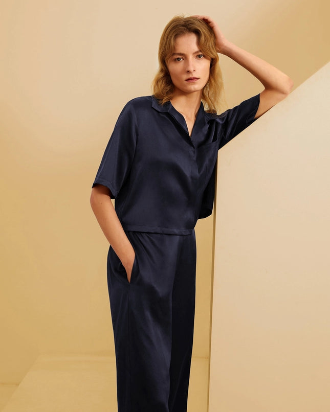 Short Sleeve Silk Pajamas Navy Blue-Pajamas-MommeSilk-Urbanheer