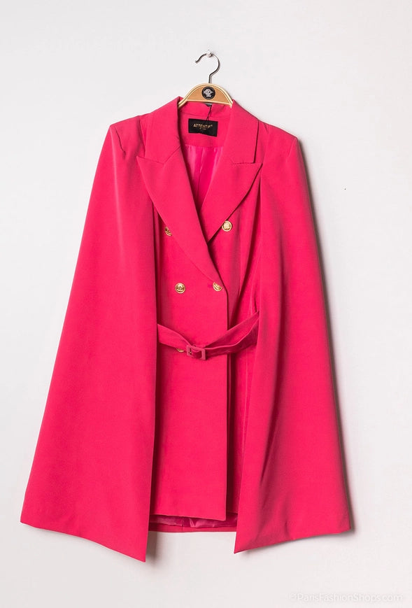 Mid-Length Cape Jacket with Belt Fuchsia-Jacket-Attentif Paris-S-Urbanheer