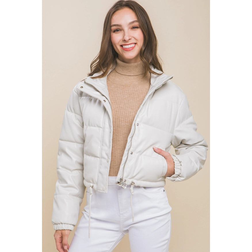 Faux Leather Puffer Jacket-Jacket-Faith Apparel-S-Off White-Urbanheer