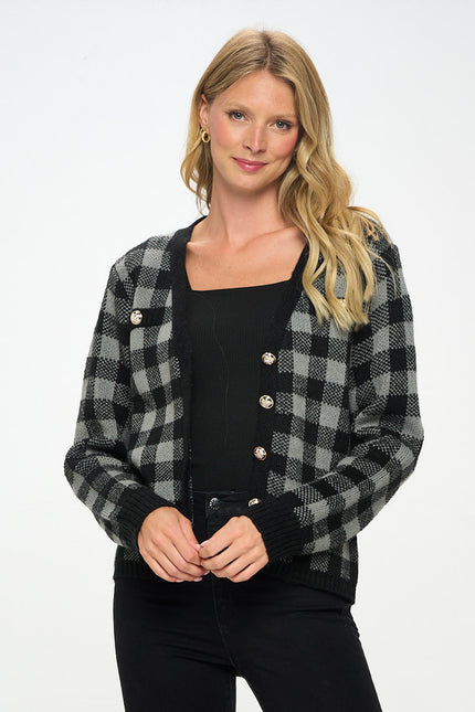 Checkered Knit Open Front Mini Cardigan With Buttons-Renee C.-Urbanheer