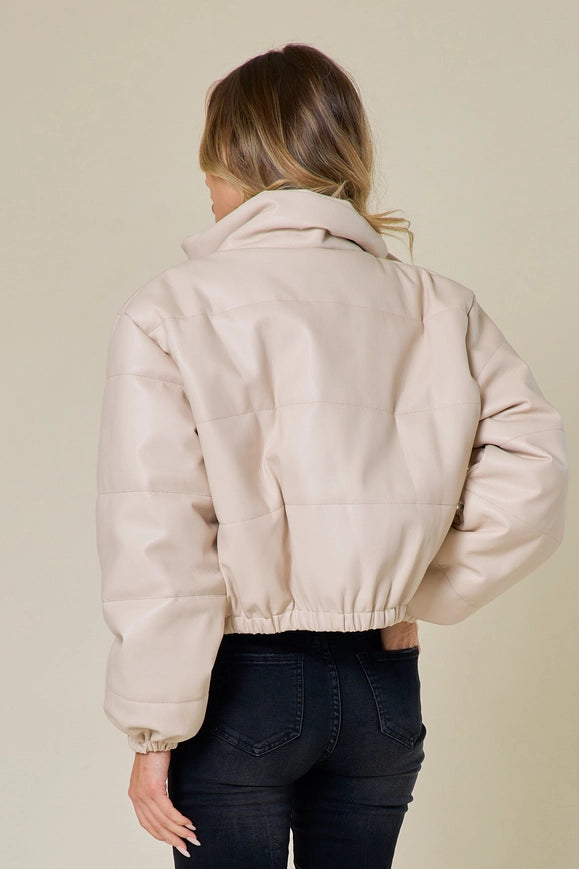 Cream Faux Leather Button/Zipper Down Puffer Jacket-Jacket-Saints & Hearts-Urbanheer