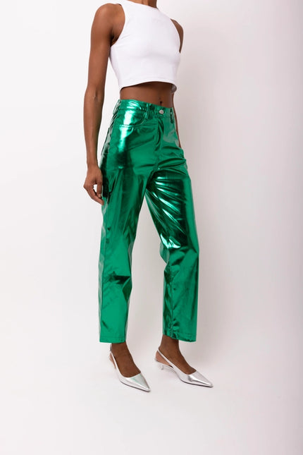 Lupe Straight Faux Leather Metallic Pants FOREST GREEN-Pants-Amy Lynn-Urbanheer