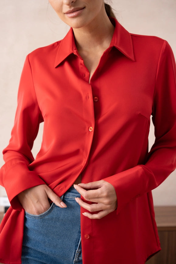 Plain Satin Shirt with Lapel Collar Red-SHIRT-Attentif Paris-Urbanheer