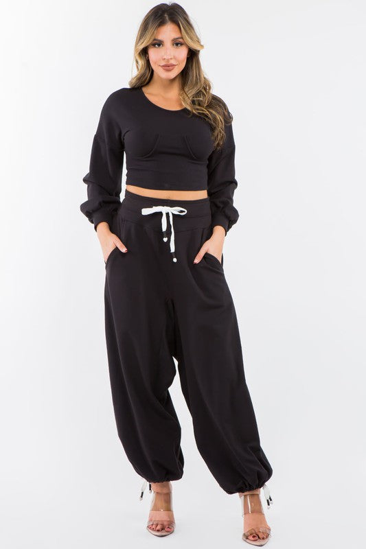 High Waisted Baggy French Terry Pants Black-Pants-LABIJOU-Urbanheer