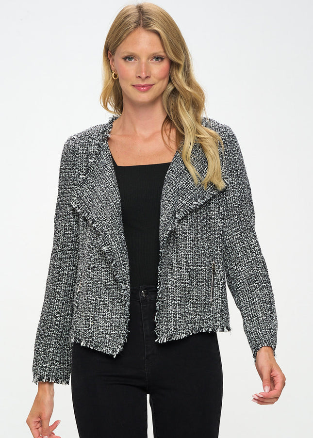 Open Front Blazer Cardigan With Frayed Hem-Renee C.-Urbanheer