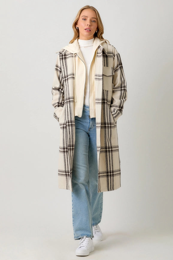 Twofer Hoodie Plaid Long Jacket Cream