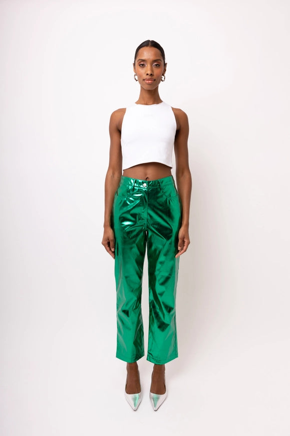 Lupe Straight Faux Leather Metallic Pants FOREST GREEN-Pants-Amy Lynn-Urbanheer