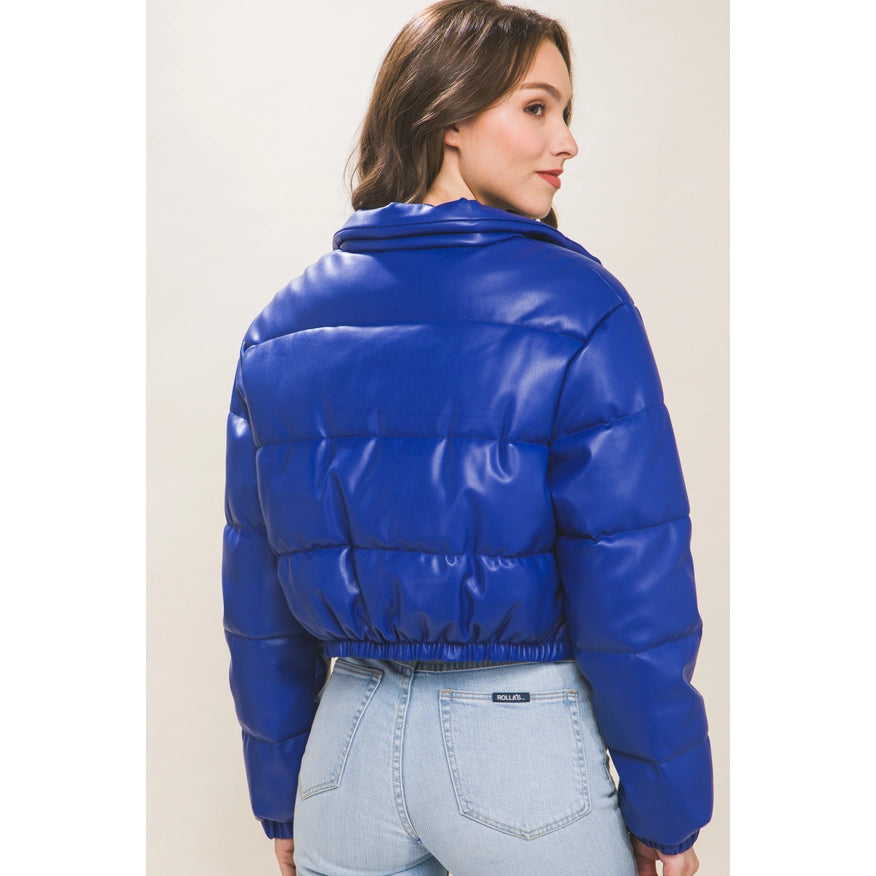 Faux Leather Puffer Jacket Royal-Jacket-Faith Apparel-Urbanheer