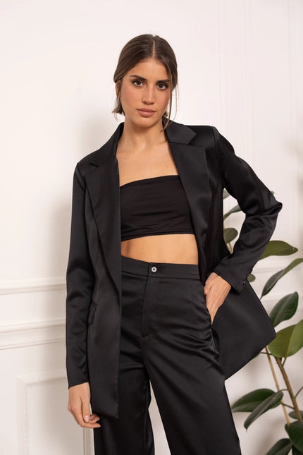 Satin Plain Fitted Jacket Black-Jacket-Attentif Paris-S-Urbanheer