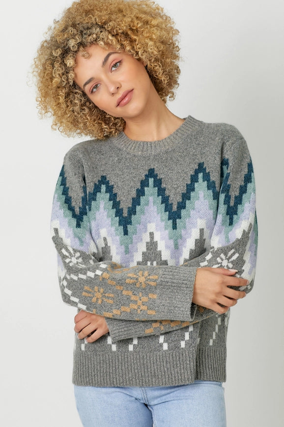 Fair Isle Pullover Sweater  Grey Mix