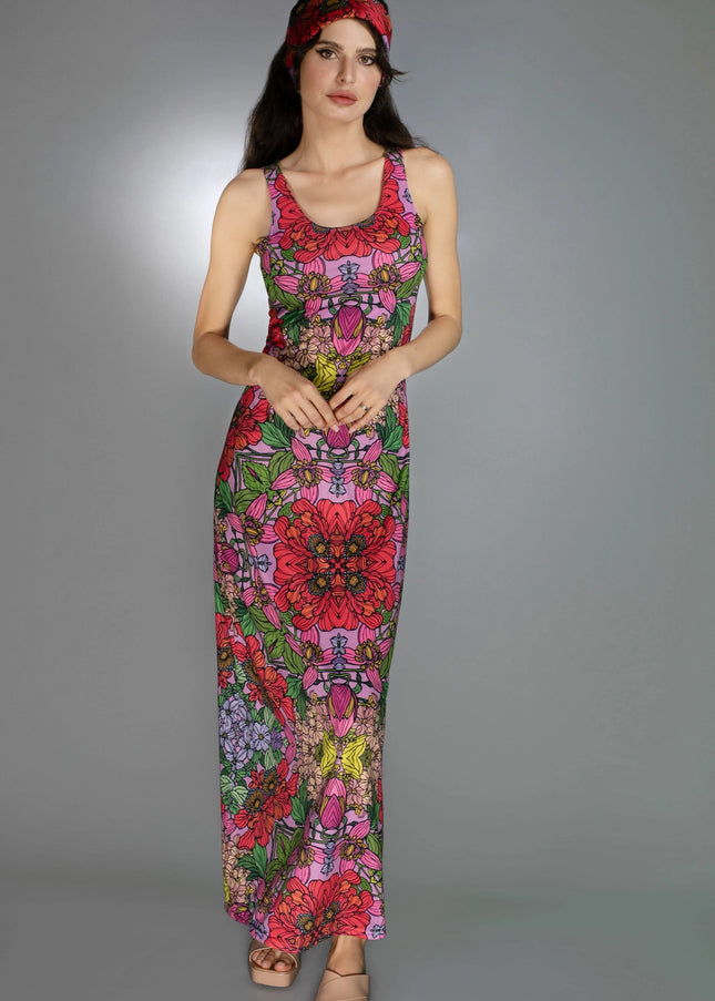 Luxury Soft Vibrant U-Neck Sleeveless Red Garden Maxi Dress-Nuvula-Urbanheer