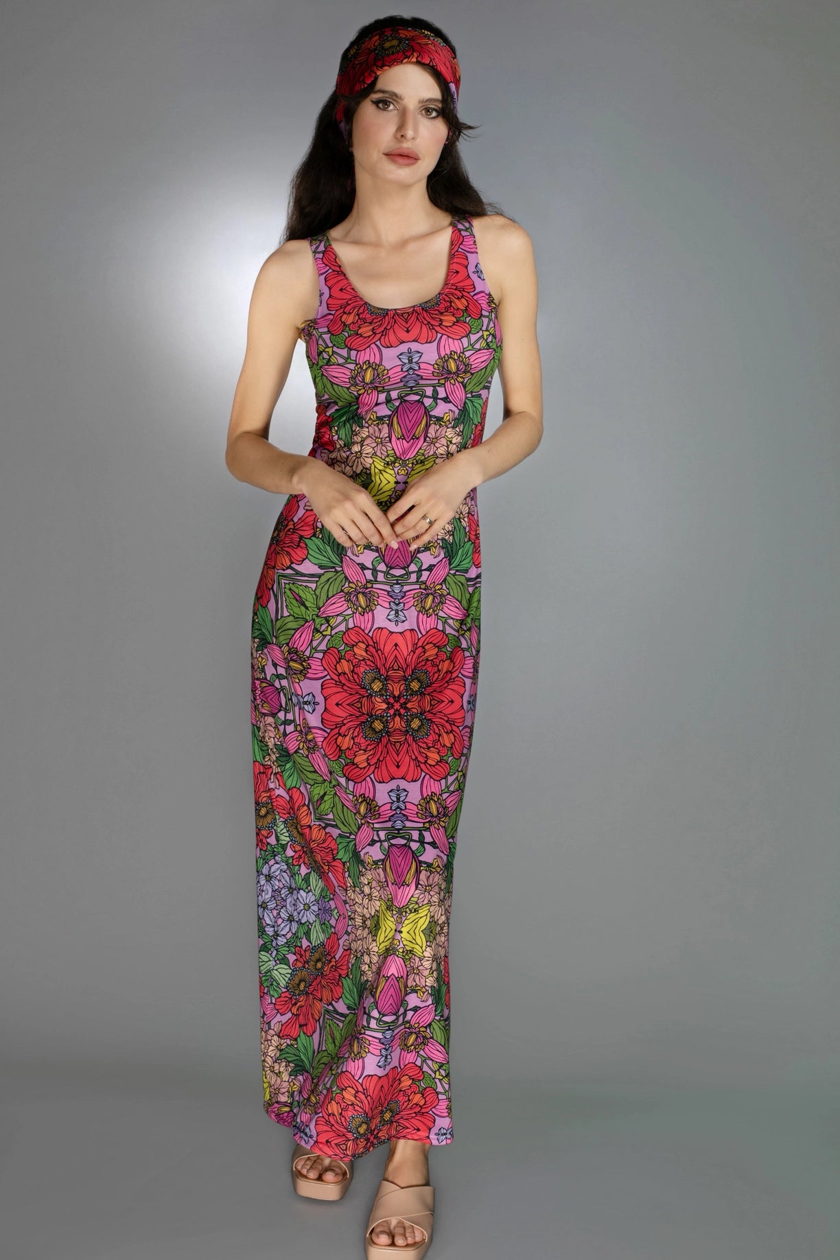 Luxury Soft Vibrant U-Neck Sleeveless Red Garden Maxi Dress-Nuvula-Urbanheer