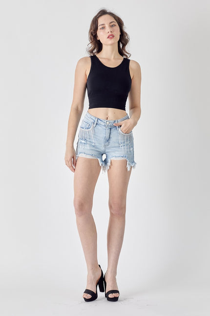 RISEN Frayed Hem Denim Shorts with Fringe Detail Pockets-UHX-Urbanheer