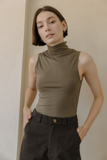 Jadyn Turtleneck Sleeveless Top - Olive-MOD REF-Olive-S-Urbanheer