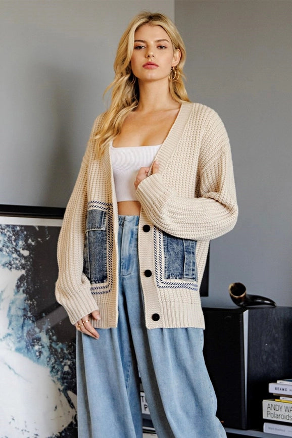 Button Down Cardigan with Denim Pockets