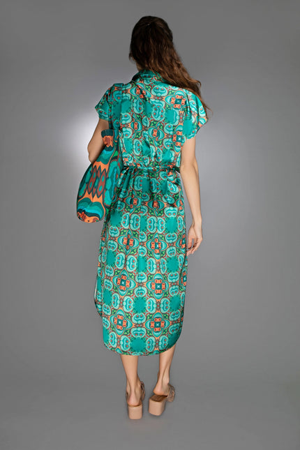 Teal/Orange Modern Relaxed Fit Satin Spread Collar Dress-Nuvula-Urbanheer