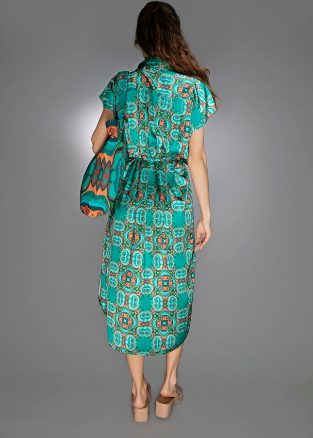 Teal/Orange Modern Relaxed Fit Satin Spread Collar Dress-Nuvula-Urbanheer