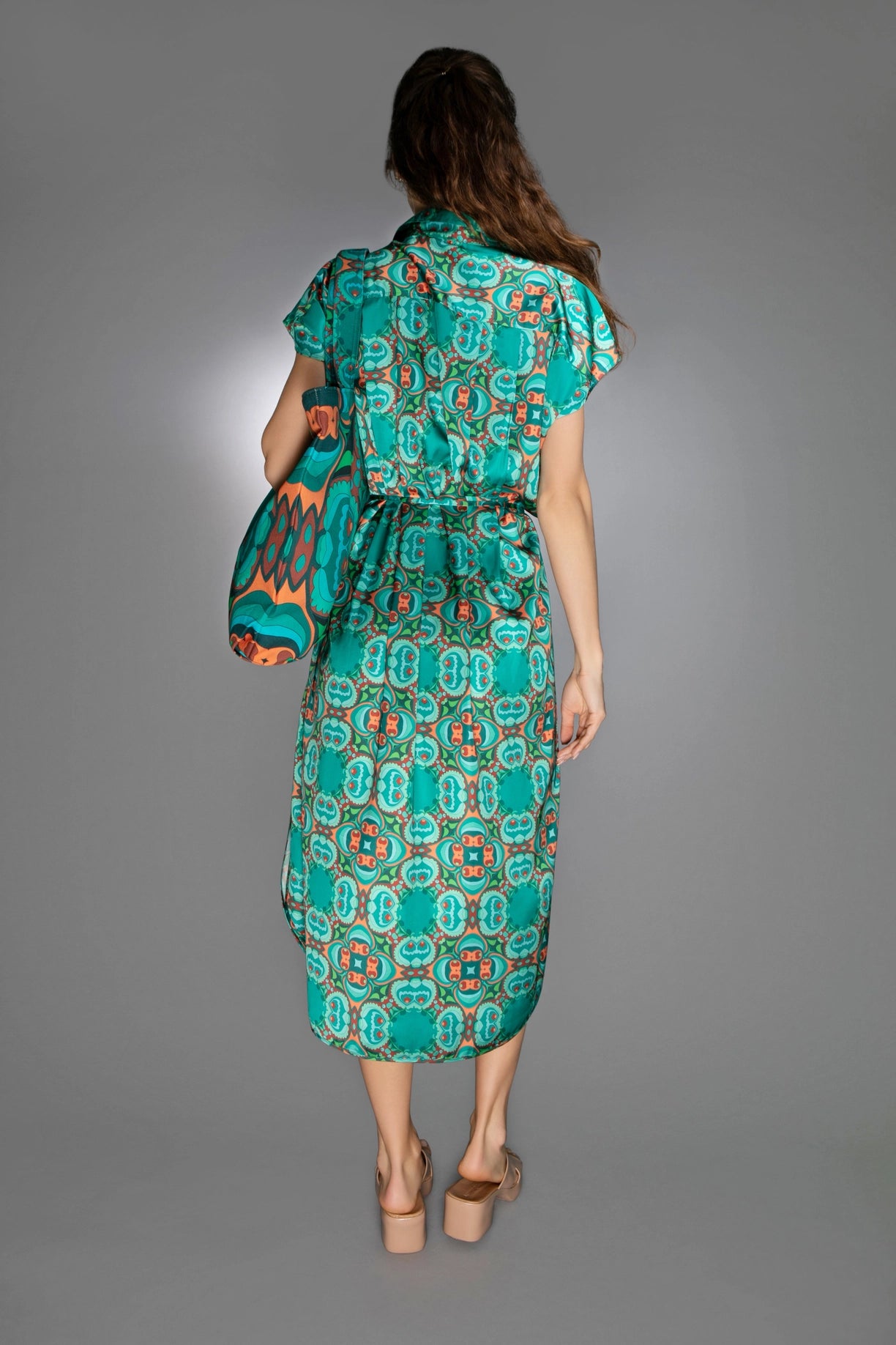 Teal/Orange Modern Relaxed Fit Satin Spread Collar Dress-Nuvula-Urbanheer