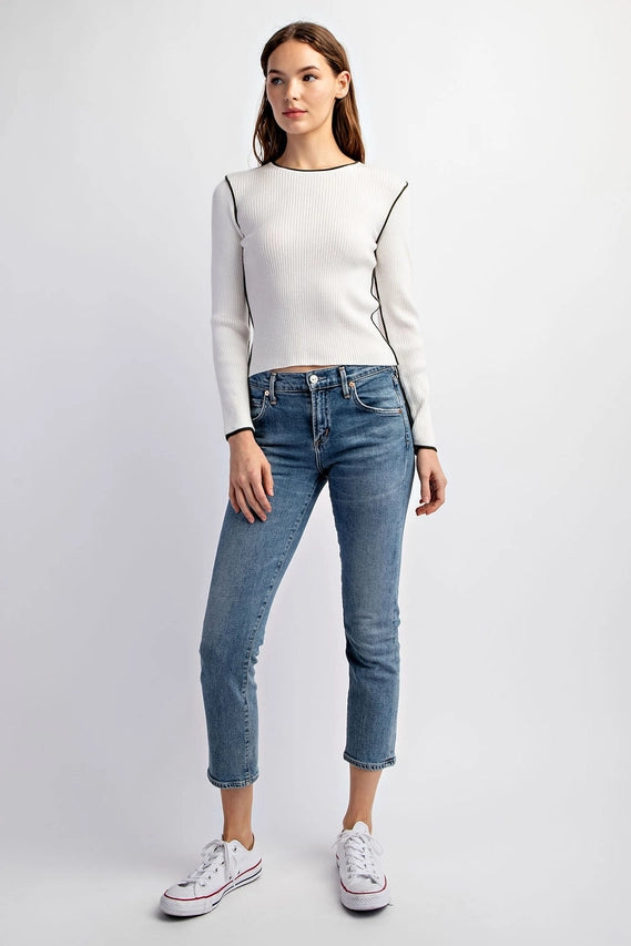 Contrast Edge Long Sleeve Sweater Top White/Olive-Sweater Top-EDIT by NINE-S-Urbanheer