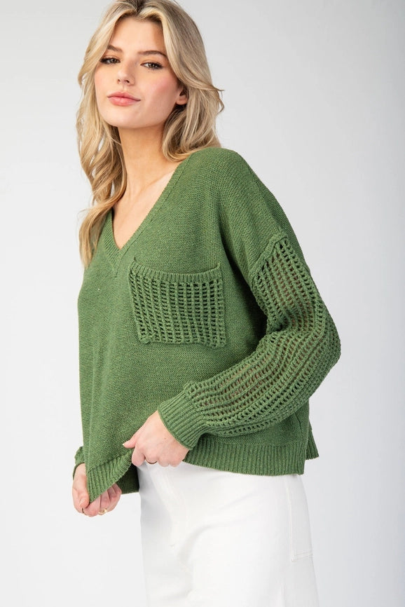 Open Knit Long Sleeve Sweater Top DRY HERB