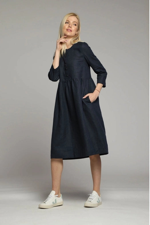 Sorrento Loose Linen Dress with Sleeves and High Waist