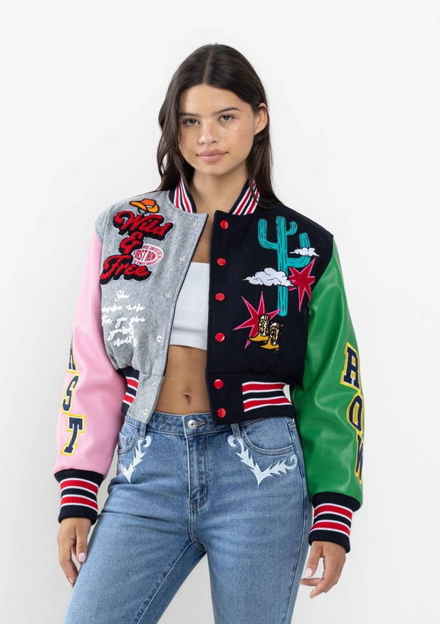 Wild And Free Cropped Varsity Jacket-Jacket-First Row-NAVY-S-Urbanheer