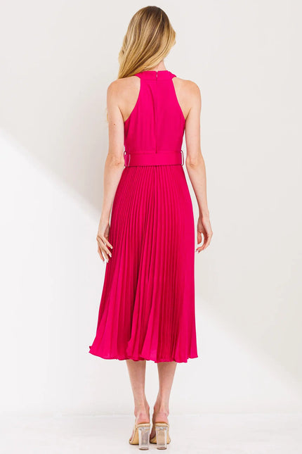 Cross Over Pleats Midi Dress- Fuchsia-Clothing - Women-Neon Blush-Urbanheer