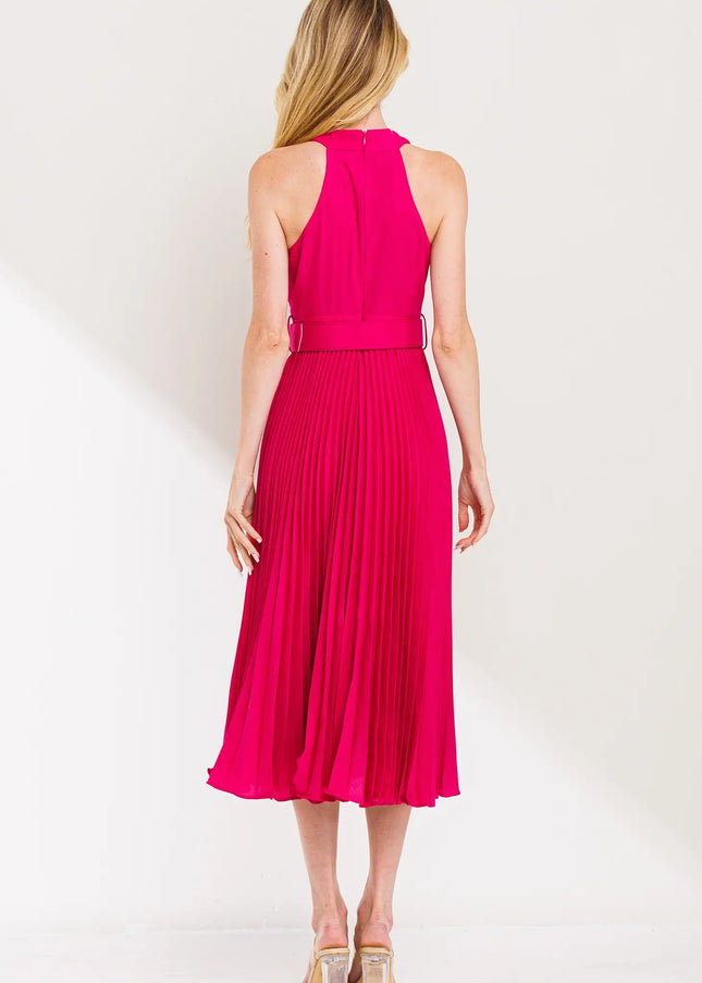 Cross Over Pleats Midi Dress- Fuchsia-Clothing - Women-Neon Blush-Urbanheer