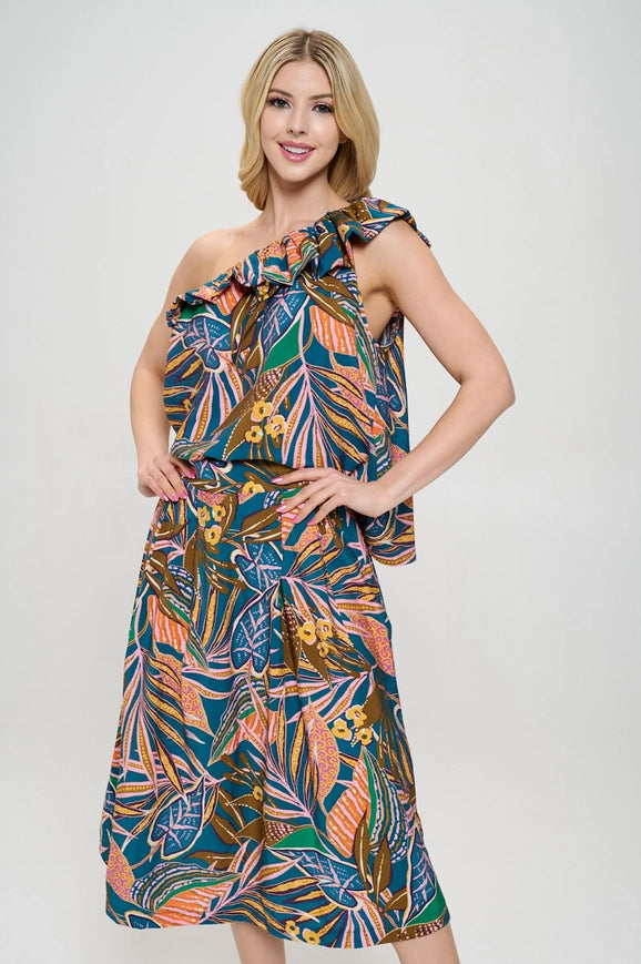 Tropical Leaf Print One Shoulder Top with Ruffle Blue/Orange-TOP-Renee C.-Urbanheer