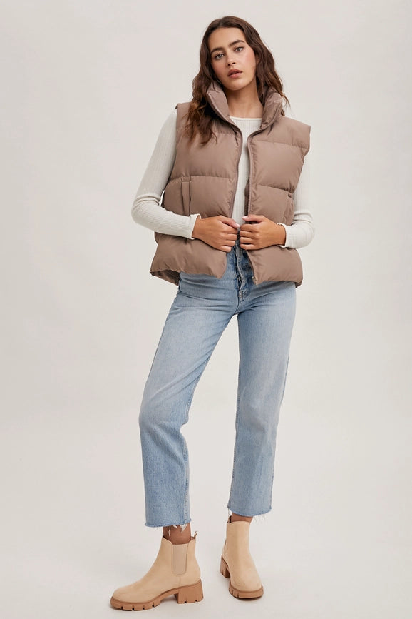 Zipper Front Puffer Vest MUSHROOM