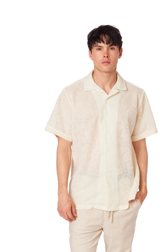 Crochet/Textured Short Sleeve Men's Shirt CREAM