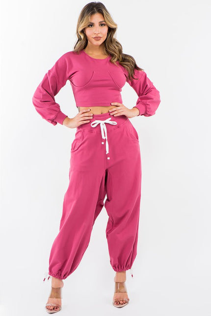 High Waisted Baggy French Terry Pants Magenta-Pants-LABIJOU-Urbanheer