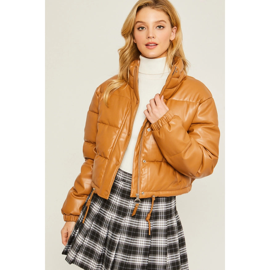 Faux Leather Puffer Jacket-Jacket-Faith Apparel-S-Camel-Urbanheer