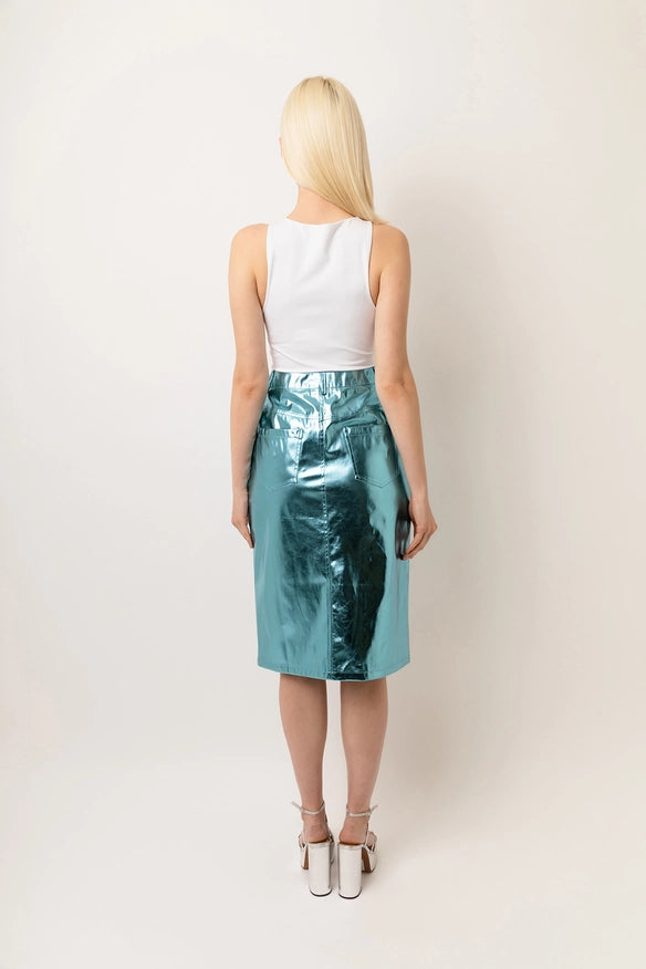 Lupe High Waist Metallic Knee Length Skirt Ice Blue-Skirts-Amy Lynn-Urbanheer