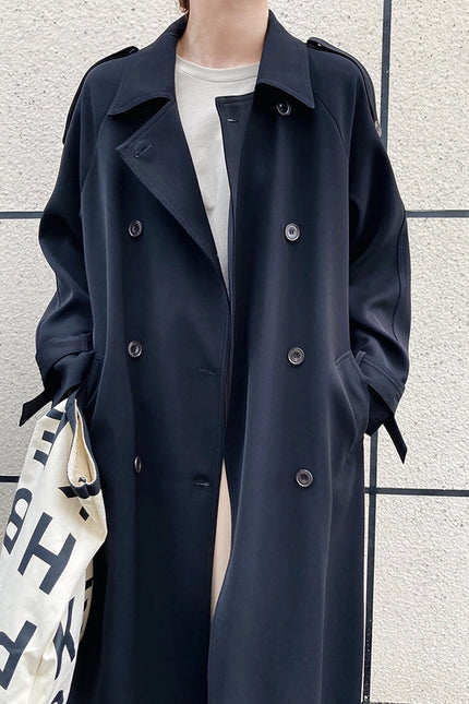 Draping British Loose Mid-Length Over The Knee Trench Coat Black-Coat-Blak Wardrob-Urbanheer