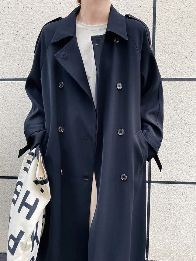 Draping British Loose Mid-Length Over The Knee Trench Coat Black-Coat-Blak Wardrob-Urbanheer