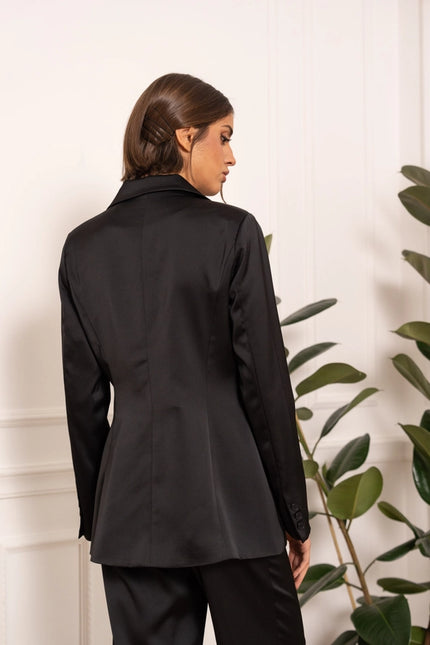 Satin Plain Fitted Jacket Black-Jacket-Attentif Paris-Urbanheer