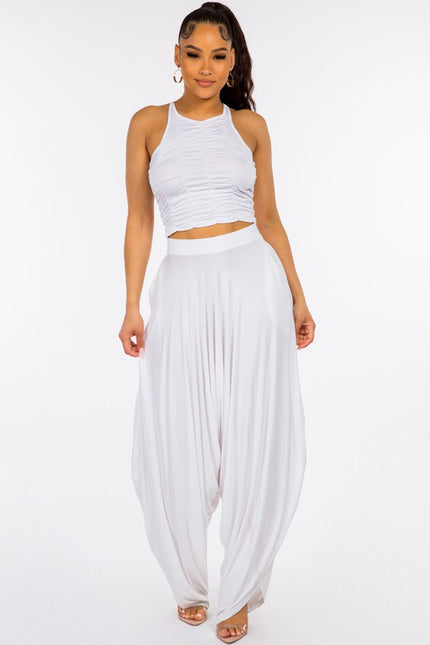 Single Jersey Cropped Ruched Top Set White-Sets-LABIJOU-S-Urbanheer