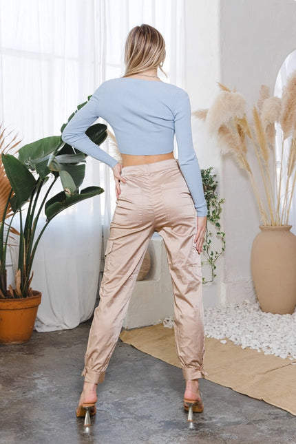 Cotton Satin Cargo Pants High Waisted Khaki-Pants-LABIJOU-Urbanheer