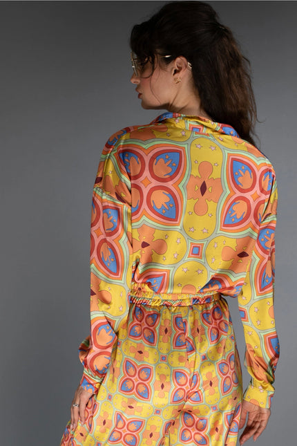 Loose Fit Floral Patterned Mustard Mescaline Satin Blouse-Nuvula-Urbanheer