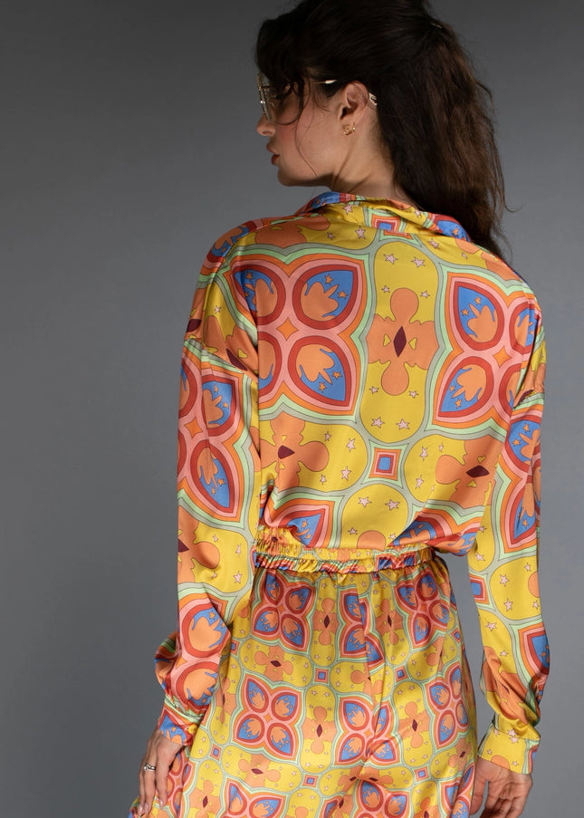 Loose Fit Floral Patterned Mustard Mescaline Satin Blouse-Nuvula-Urbanheer