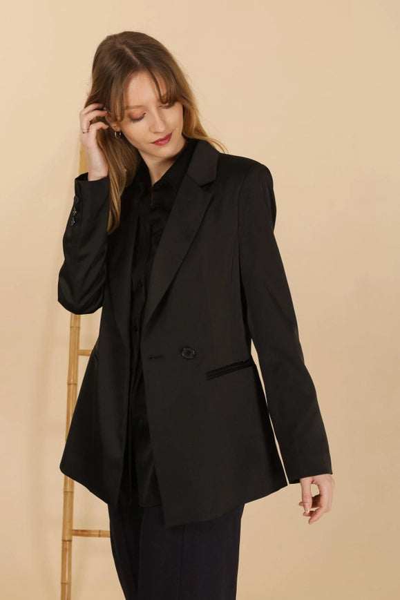 Plain Fitted Satin Jacket Black-Jacket-Attentif Paris-S-Urbanheer