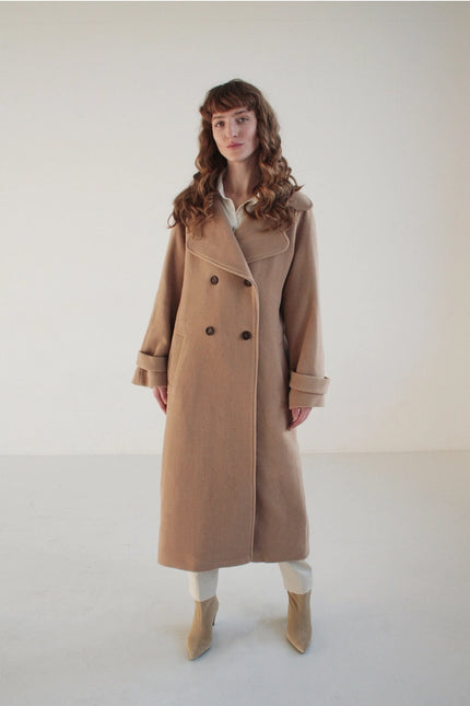 Camel Maxi Double-Breasted Italian Wool Coat With Collar-COAT-Nich Linen-Urbanheer